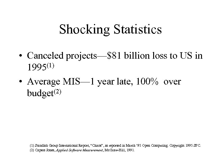 Shocking Statistics • Canceled projects—$81 billion loss to US in 1995(1) • Average MIS—