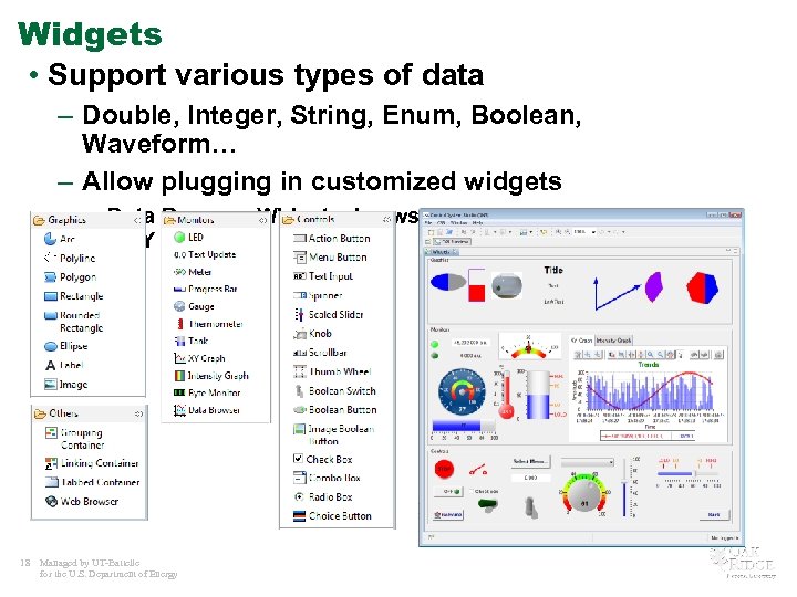Widgets • Support various types of data – Double, Integer, String, Enum, Boolean, Waveform…