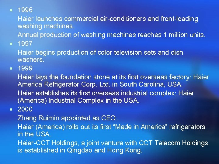 ¡ 1996 Haier launches commercial air-conditioners and front-loading washing machines. Annual production of washing