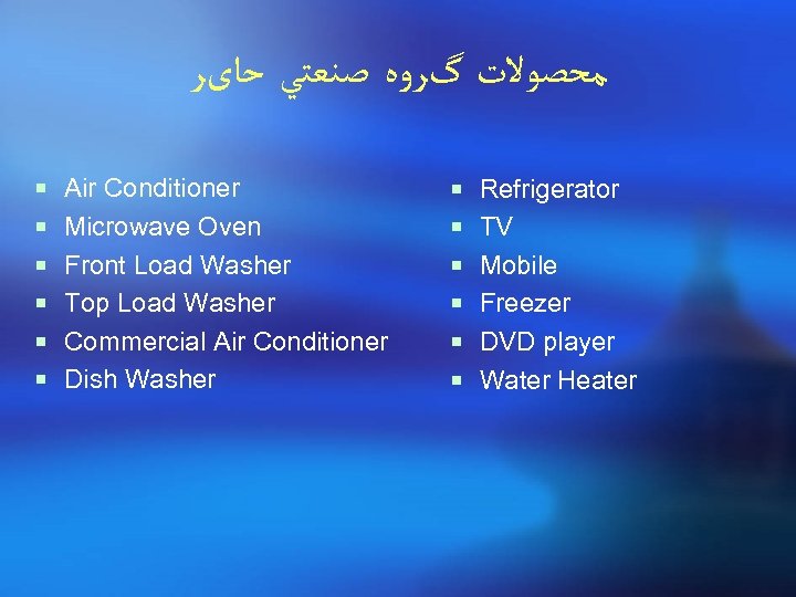  ﻣﺤﺼﻮﻻﺕ گﺮﻭﻩ ﺻﻨﻌﺘﻲ ﺣﺎیﺮ ¡ Air Conditioner ¡ Refrigerator ¡ Microwave Oven ¡