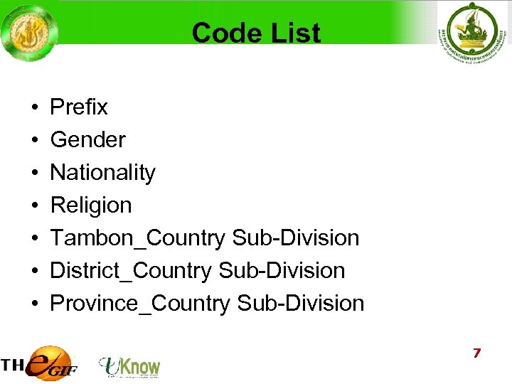 Code List • • Prefix Gender Nationality Religion Tambon_Country Sub-Division District_Country Sub-Division Province_Country Sub-Division