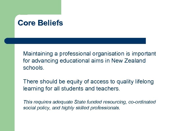 Core Beliefs Maintaining a professional organisation is important for advancing educational aims in New