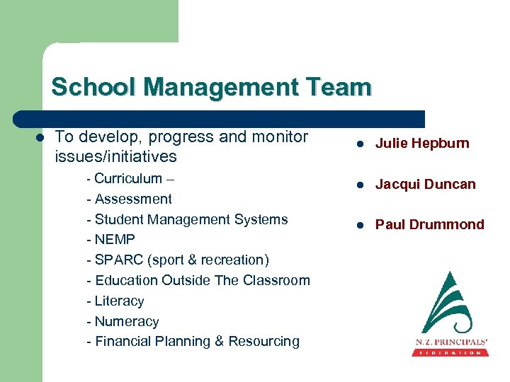 School Management Team l To develop, progress and monitor issues/initiatives - Curriculum – -