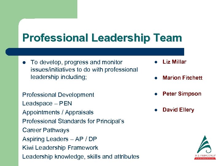 Professional Leadership Team l To develop, progress and monitor issues/initiatives to do with professional