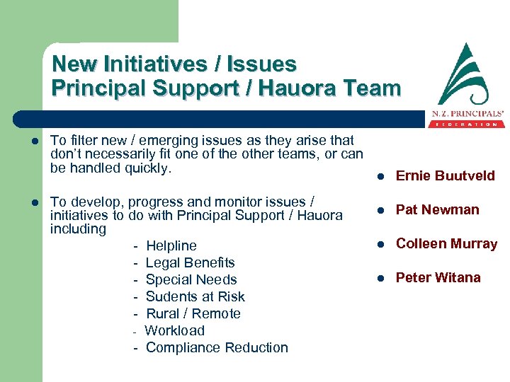 New Initiatives / Issues Principal Support / Hauora Team l l To filter new