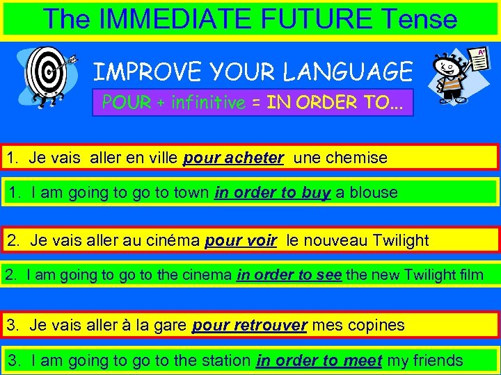 The IMMEDIATE FUTURE Tense IMPROVE YOUR LANGUAGE POUR + infinitive = IN ORDER TO.