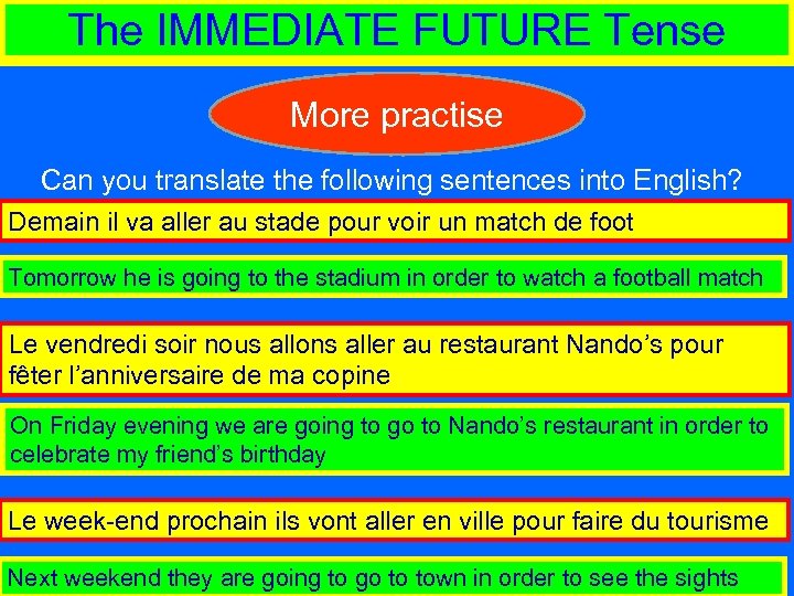 The IMMEDIATE FUTURE Tense More practise Can you translate the following sentences into English?