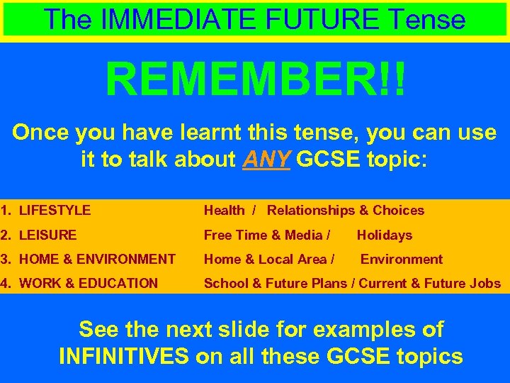 The IMMEDIATE FUTURE Tense REMEMBER!! Once you have learnt this tense, you can use