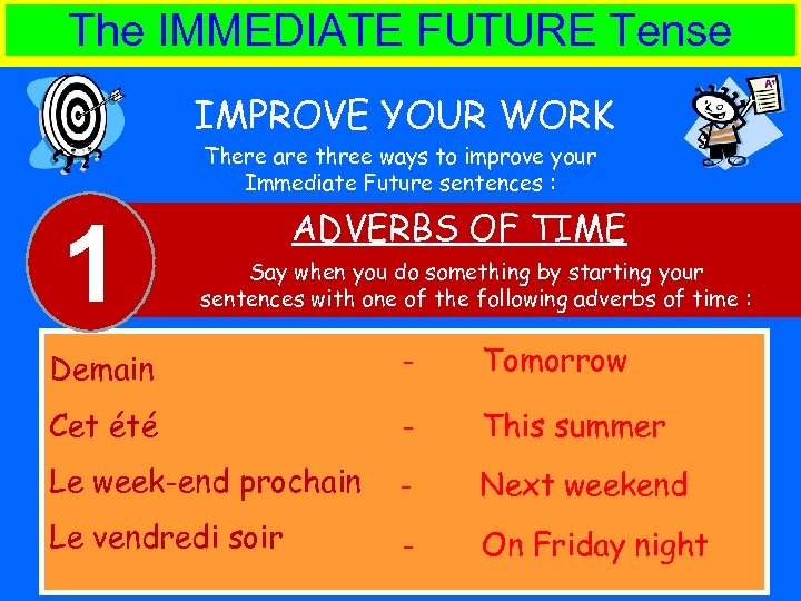 The IMMEDIATE FUTURE Tense IMPROVE YOUR WORK There are three ways to improve your