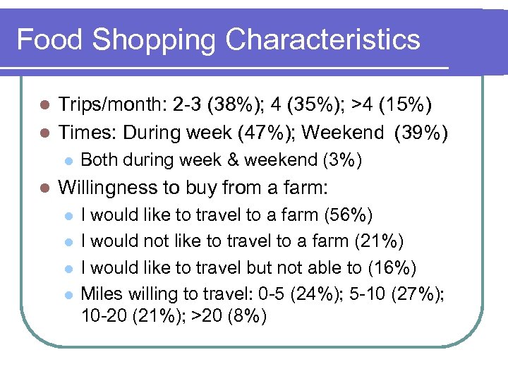 Food Shopping Characteristics Trips/month: 2 -3 (38%); 4 (35%); >4 (15%) l Times: During