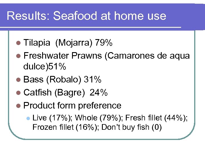 Results: Seafood at home use l Tilapia (Mojarra) 79% l Freshwater Prawns (Camarones de