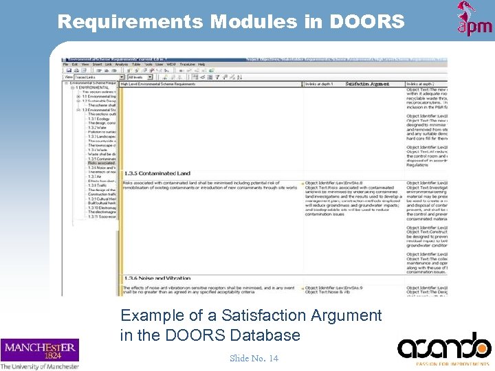Requirements Modules in DOORS Example of a Satisfaction Argument in the DOORS Database Slide