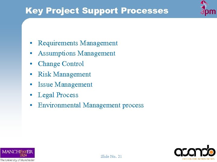 Key Project Support Processes • • Requirements Management Assumptions Management Change Control Risk Management