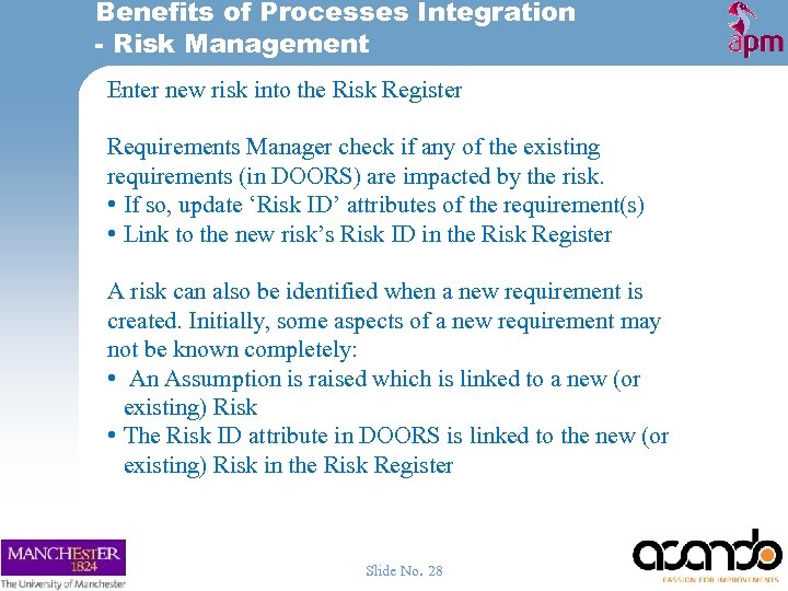 Benefits of Processes Integration - Risk Management Enter new risk into the Risk Register