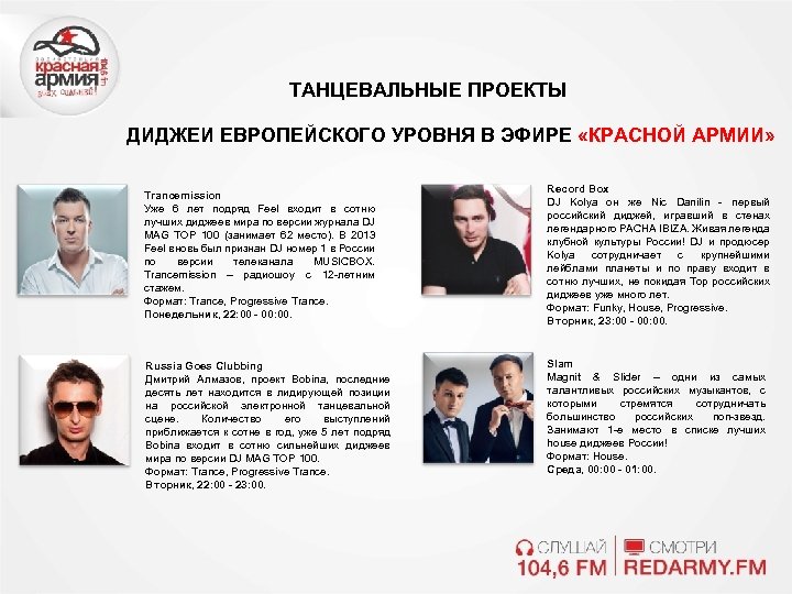 ТАНЦЕВАЛЬНЫЕ ПРОЕКТЫ ДИДЖЕИ ЕВРОПЕЙСКОГО УРОВНЯ В ЭФИРЕ «КРАСНОЙ АРМИИ» Trancemission Уже 6 лет подряд
