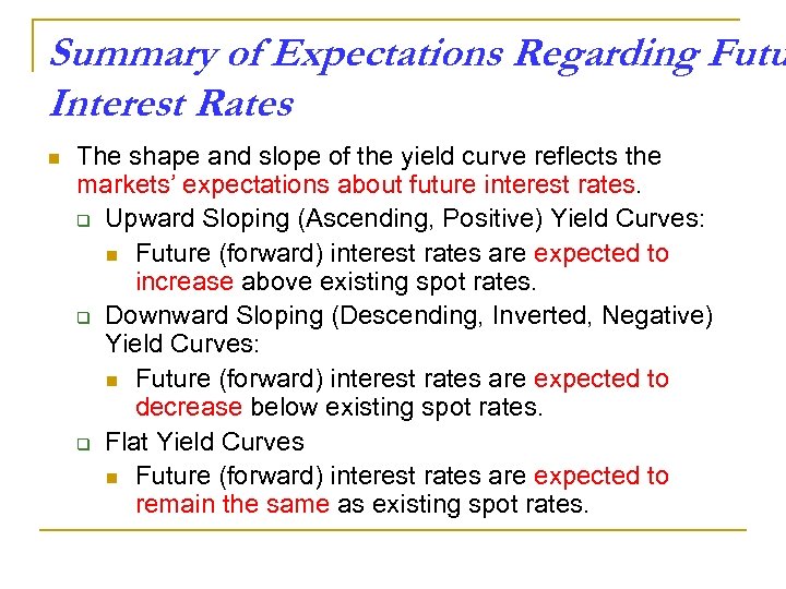 Summary of Expectations Regarding Futu Interest Rates n The shape and slope of the