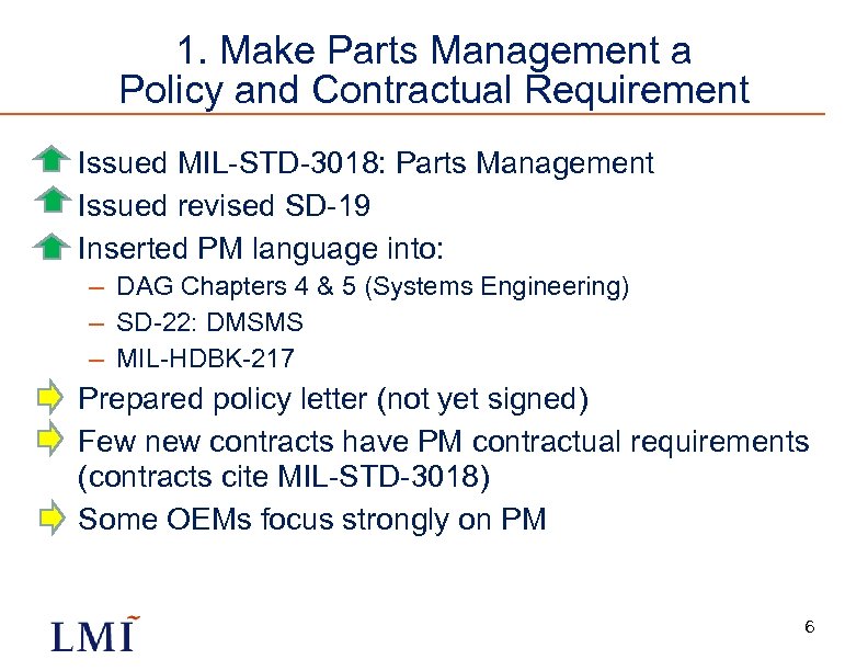 1. Make Parts Management a Policy and Contractual Requirement • Issued MIL-STD-3018: Parts Management