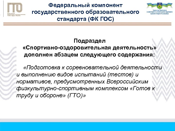 Федеральный компонент государственного образовательного стандарта (ФК ГОС) Подраздел «Спортивно-оздоровительная деятельность» дополнен абзацем следующего содержания: