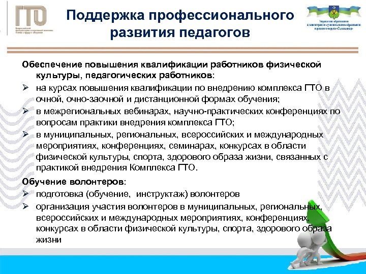 Поддержка профессионального развития педагогов Обеспечение повышения квалификации работников физической культуры, педагогических работников: Ø на
