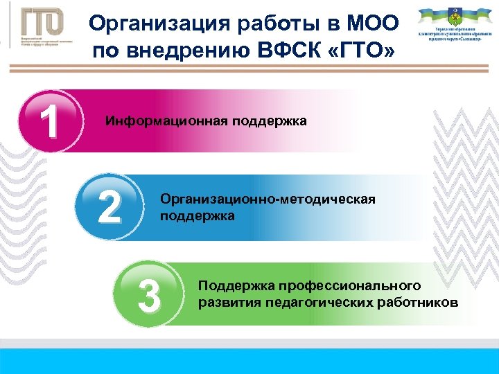 Организация работы в МОО по внедрению ВФСК «ГТО» 1 Информационная поддержка 2 Организационно-методическая поддержка