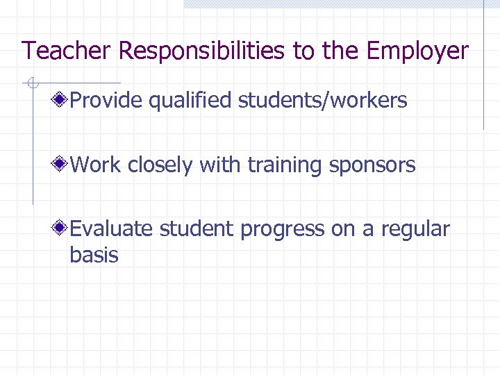 Teacher Responsibilities to the Employer Provide qualified students/workers Work closely with training sponsors Evaluate