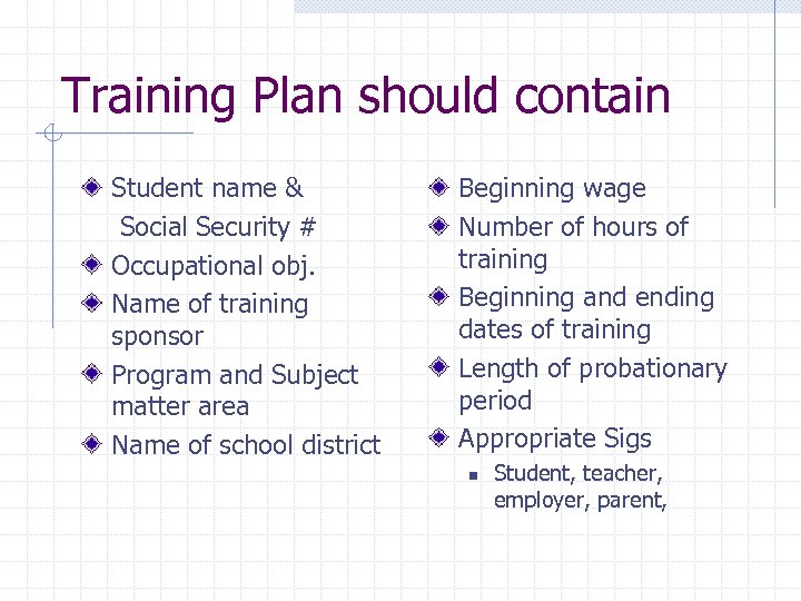 Training Plan should contain Student name & Social Security # Occupational obj. Name of