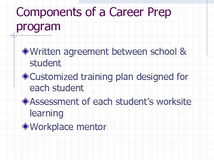 Components of a Career Prep program Written agreement between school & student Customized training