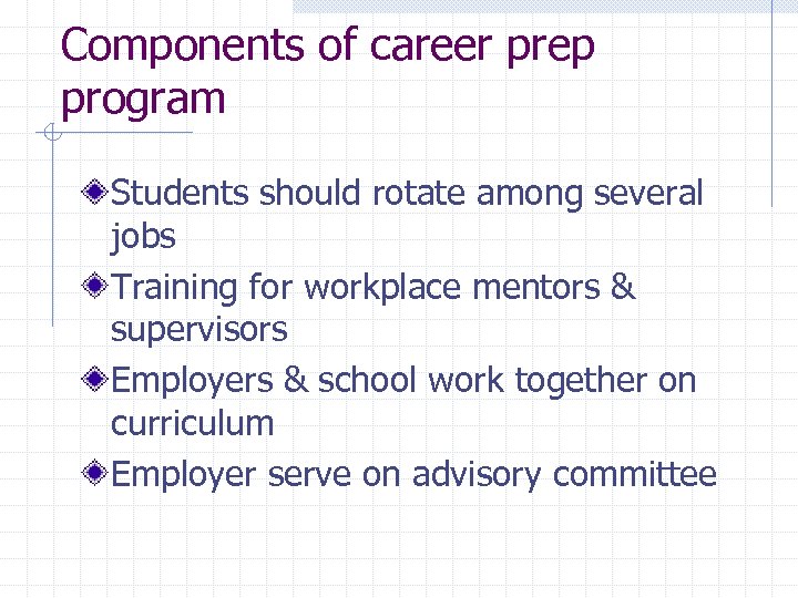 Components of career prep program Students should rotate among several jobs Training for workplace