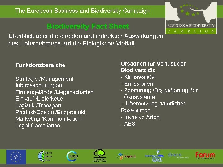  The European Business and Biodiversity Campaign Biodiversity Fact Sheet Überblick über die direkten