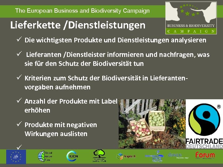  The European Business and Biodiversity Campaign Lieferkette /Dienstleistungen ü Die wichtigsten Produkte und