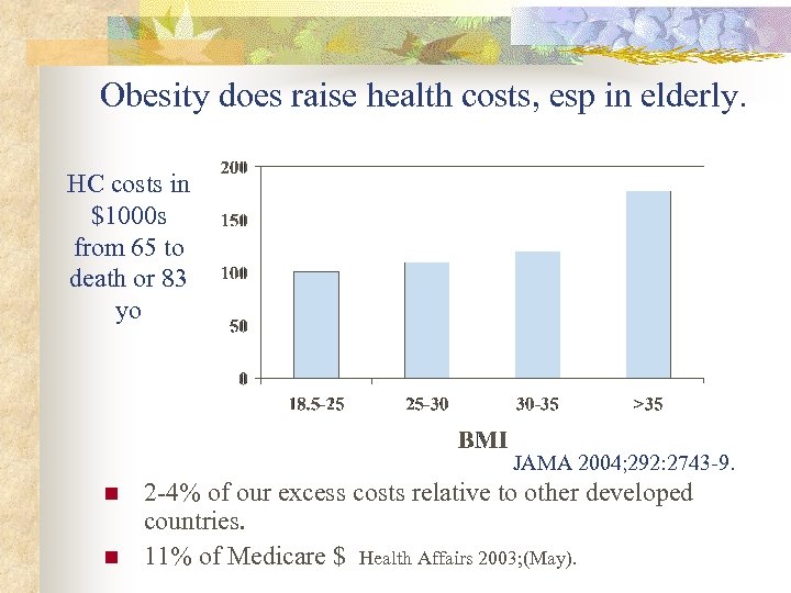 Obesity does raise health costs, esp in elderly. HC costs in $1000 s from