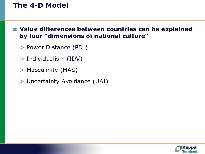 The 4 -D Model n Value differences between countries can be explained by four