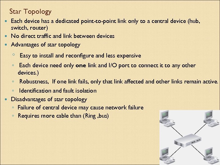 Star Topology Each device has a dedicated point-to-point link only to a central device