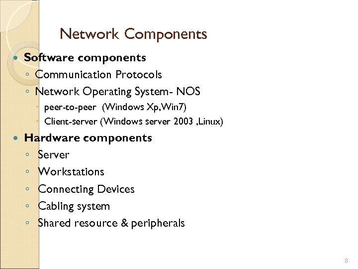 Network Components Software components ◦ Communication Protocols ◦ Network Operating System- NOS peer-to-peer (Windows