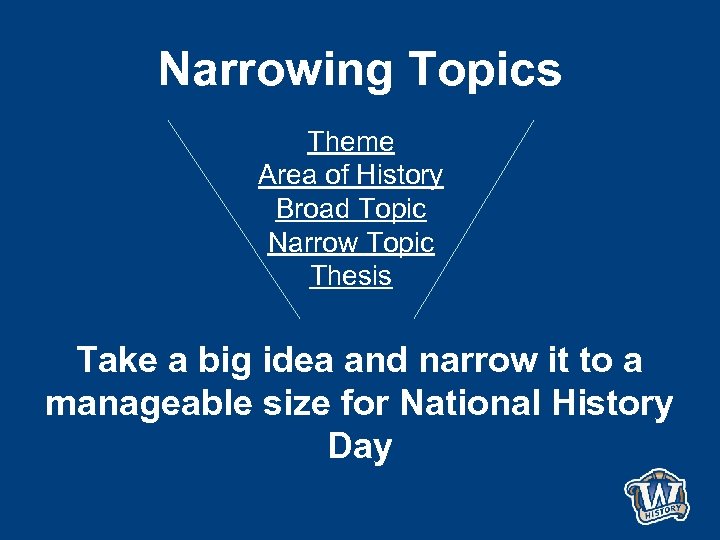 Narrowing Topics Theme Area of History Broad Topic Narrow Topic Thesis Take a big