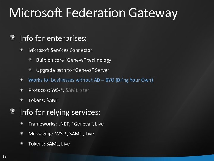 Microsoft Federation Gateway Info for enterprises: Microsoft Services Connector Built on core “Geneva” technology