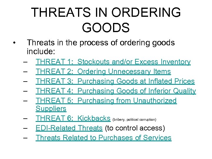 THREATS IN ORDERING GOODS • Threats in the process of ordering goods include: –