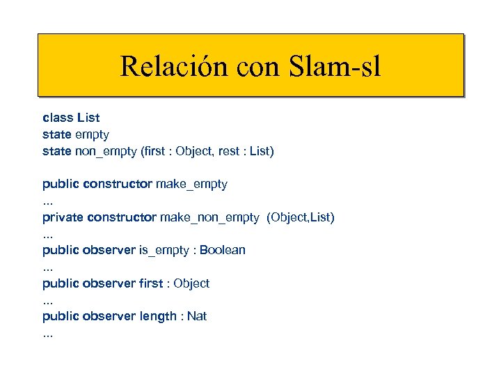 Relación con Slam-sl class List state empty state non_empty (first : Object, rest :