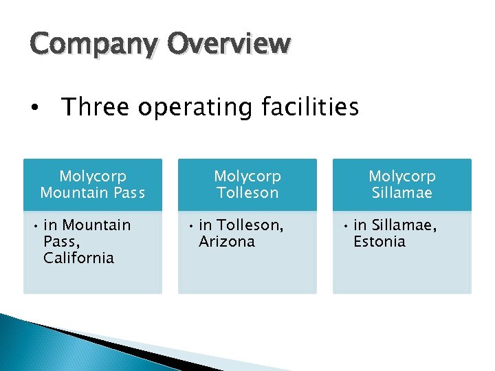 Company Overview • Three operating facilities Molycorp Mountain Pass • in Mountain Pass, California