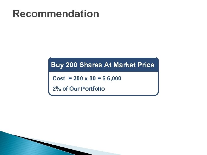 Recommendation Buy 200 Shares At Market Price Cost = 200 x 30 = $