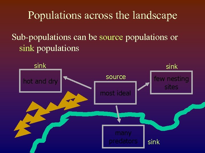 Populations across the landscape Sub-populations can be source populations or sink populations sink hot