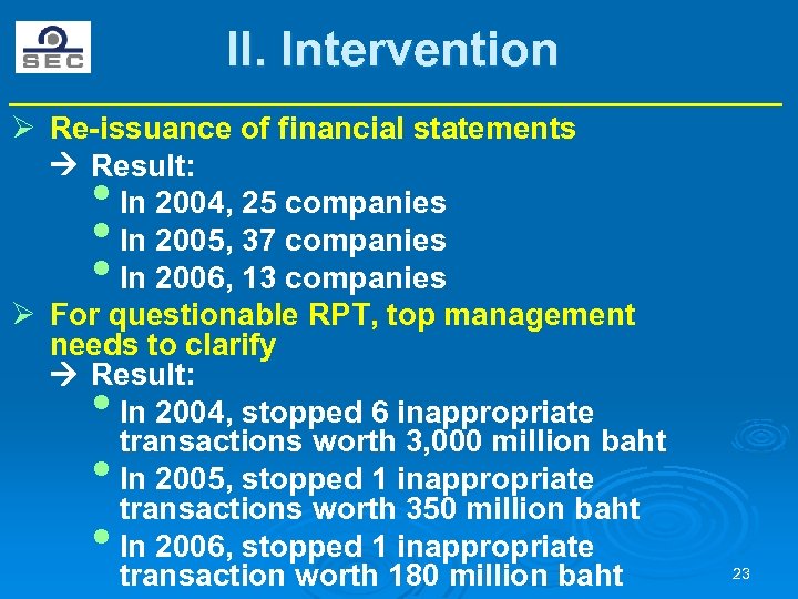 II. Intervention Ø Re-issuance of financial statements Result: In 2004, 25 companies In 2005,