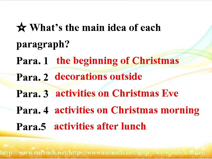 ☆ What’s the main idea of each paragraph? Para. 1 the beginning of Christmas