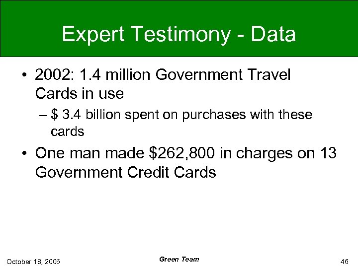 Expert Testimony - Data • 2002: 1. 4 million Government Travel Cards in use