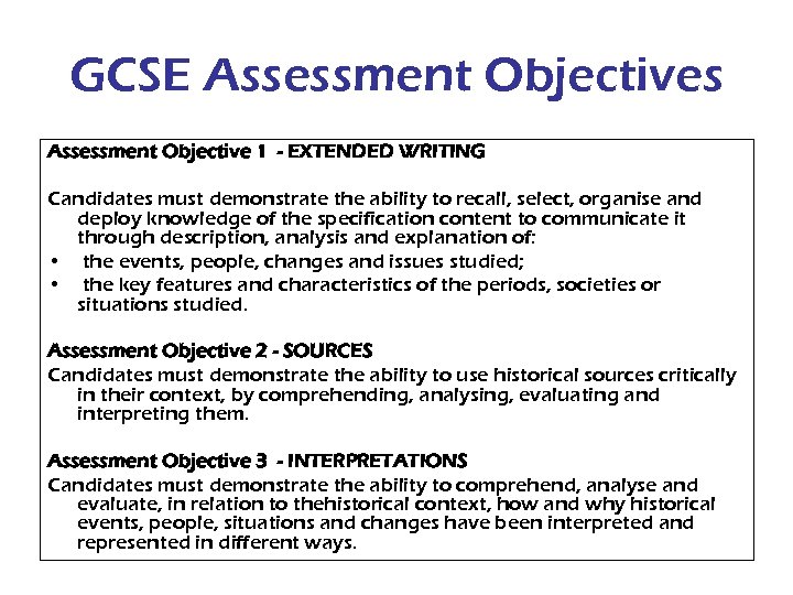 GCSE Assessment Objectives Assessment Objective 1 - EXTENDED WRITING Candidates must demonstrate the ability