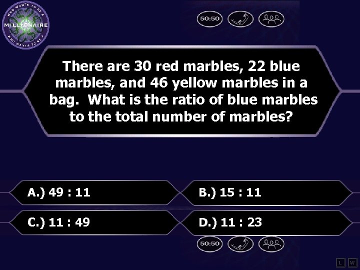 There are 30 red marbles, 22 blue marbles, and 46 yellow marbles in a