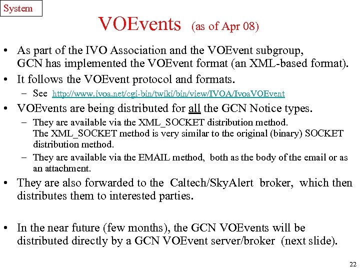 System VOEvents (as of Apr 08) • As part of the IVO Association and