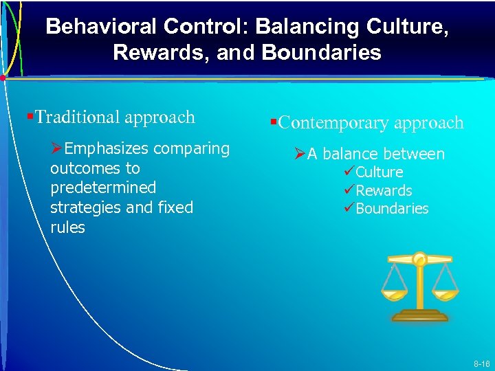 Behavioral Control: Balancing Culture, Rewards, and Boundaries §Traditional approach ØEmphasizes comparing outcomes to predetermined