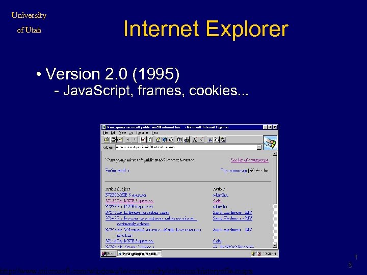 University of Utah Internet Explorer • Version 2. 0 (1995) - Java. Script, frames,