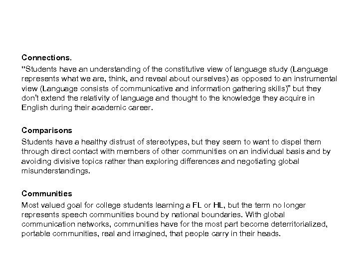 Connections. “Students have an understanding of the constitutive view of language study (Language represents